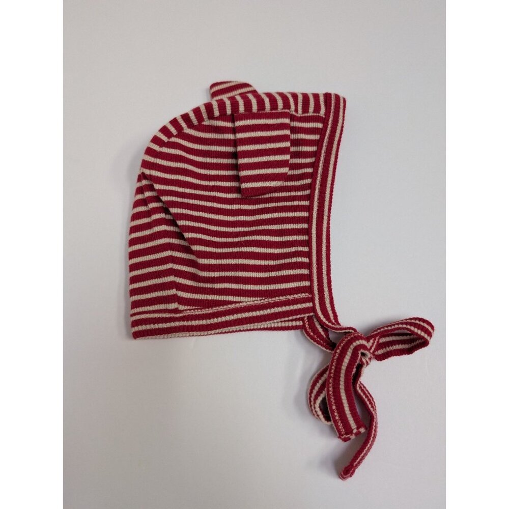 Kate Quinn Organic Cotton Red & White Striped Bear Ear Hat 3-6 Month Baby Bonnet